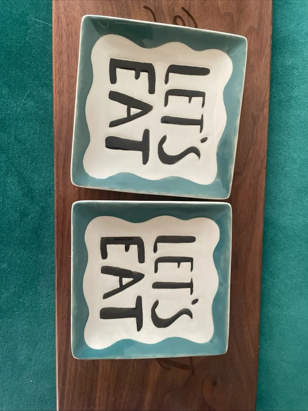 Ceramic 'LET'S EAT' Square Appertizer Dishes in Teal & White